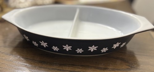 Vintage Pyrex schwarz Schneeflocke geteilt Auflaufform 1,5 Quart OHNE DECKEL