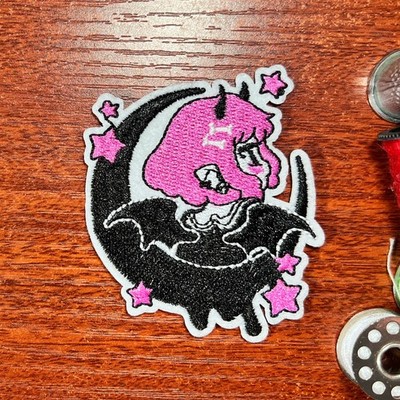 Pastel Goth Patch Succubus Girl Crescent Moon Embroidered Iron On 2.75x2.25''