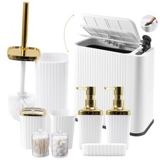 9-Piece White Bathroom Set with Press-Top Slim Trash Can - Minimalist Vertica...