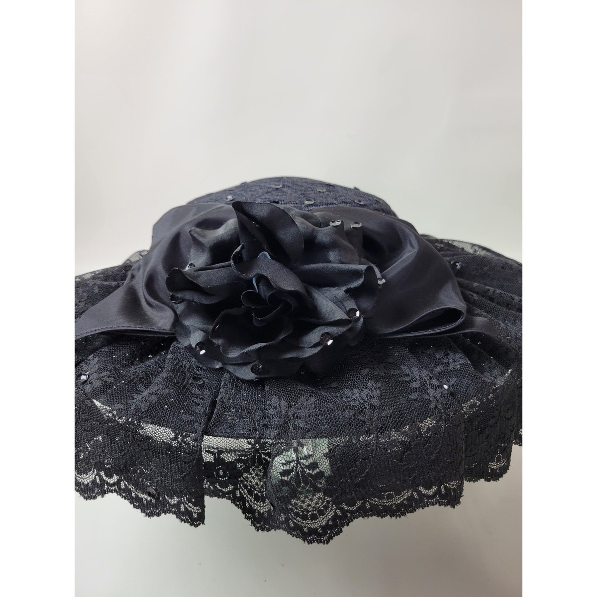 Whittall & Shon Black Straw‎ Wide Brim Hat Lace Ruffles Satin Flower Sequins Whittall & Shon Black Straw Wide Brim Hat Lace Ruffles Satin  main image 2