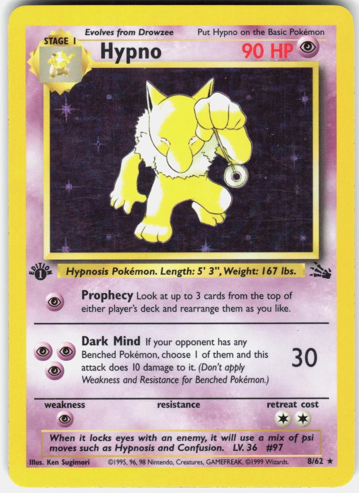Pokemon Hypno 8/62 Holo Rare Fossil Pokemon 1st Edition Holo Lightly Played