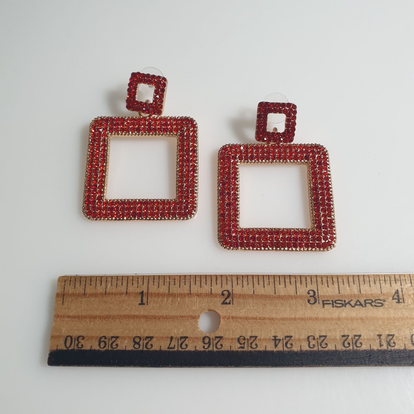 Red Acrylic Rhinestone Square Statement Earrings … - image 3