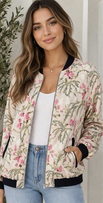 Among Equals Cotton On Floral Bomber Jacket Womens 12 Cream Pink Crane Bird A7