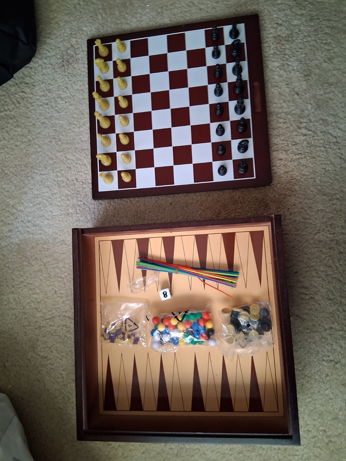 Wooden interchangeable chess board, Chinese checkers, backgammon, other