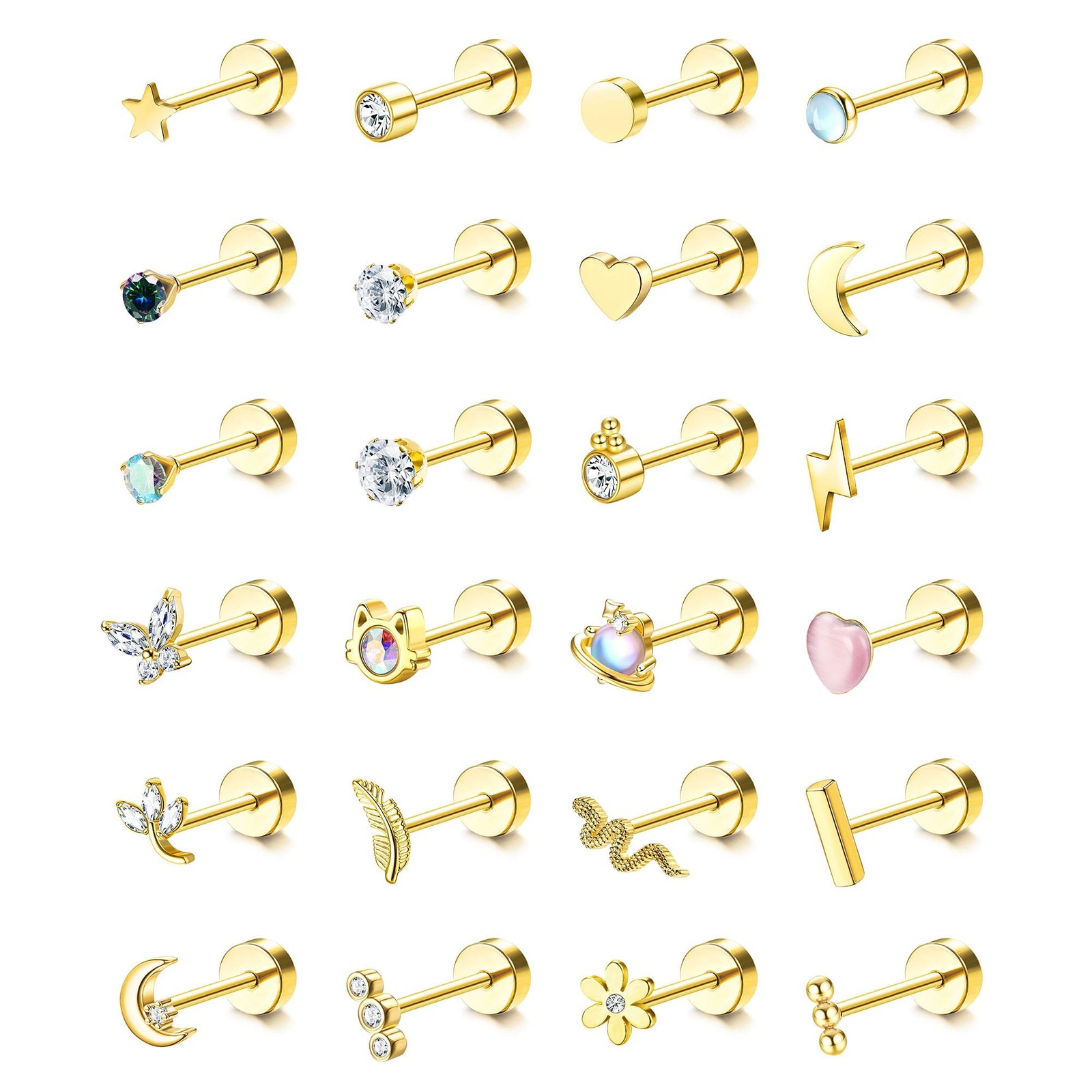 24Pcs 20G Surgical Steel Cartilage Earrings Flat Back Studs for Women & Men