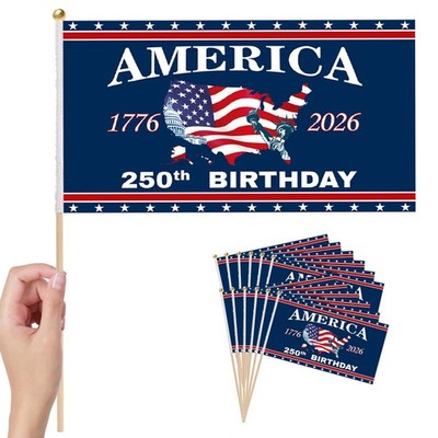 100 Pcs Small American Stick Flags - 250 Year Anniversary, Handheld Patriotic De