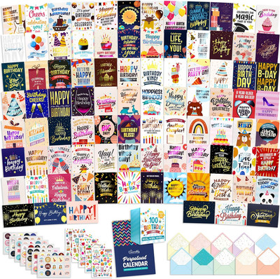 Decorably 100 Pack Foiled 5X7In Assorted Happy Birthday Cards Bulk with Envelope