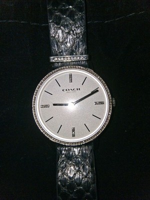 COACH Audrey / Swarovski SLIM WHITE/SILVER DIAL BLACK LTHR. BAND LADIES WATCH