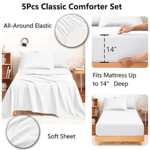  Juego de Edredón con Sábanas - 5 Piezas Cama en Bolsa Toda Temporada Cama Doble Blanco Foto 4 de 4