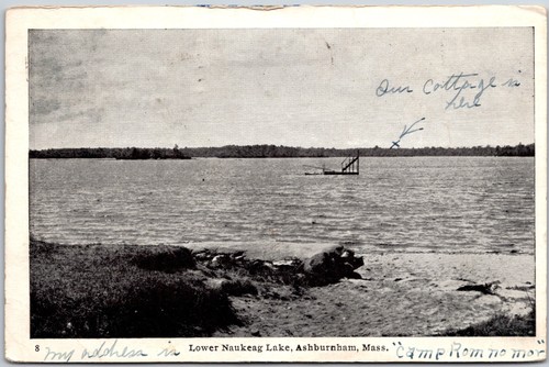 Ashburnham Massachusetts MA, 1945 Lower Naukeag Lake, Rocky Shoreline, Postkarte