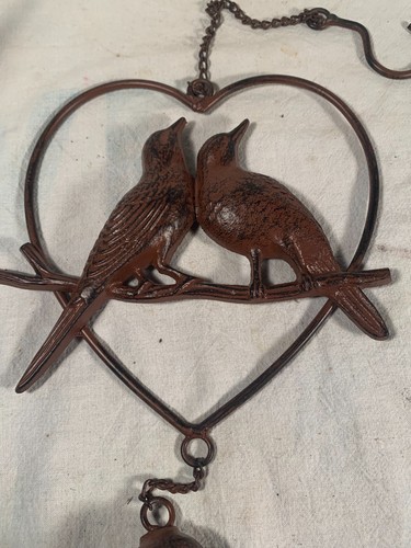 Rustic Cast Iron Heart Wall Hanging Decor Love Birds w Embossed Butterfly Bell - Picture 3 of 9