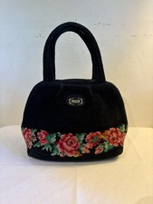 Vintage Feiler Germany Black  Handbag Floral Print Tapestry Look Velveteen