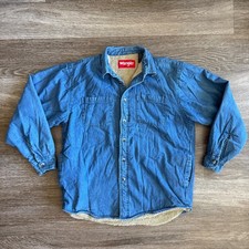 Wrangler Sherpa Lined Denim Shirt Jacket Sz Medium Fleece Jean Coat Blue Button