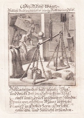 Flour weigher Mehl Wäger Waage Waagen weight Weigel Kupferstich engraving 1698.