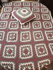 Handcrafted Crocheted Granny Squares Lap Blanket & Pillow Or Couch Throw PRETTY 