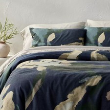 Full/Queen Heavyweight Linen Blend Duvet Cover and Sham Set Navy Floral Print-