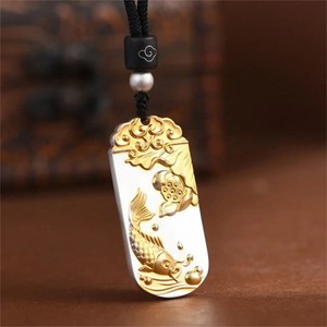 Authentic Gold Plated Pure 999 Fine Silver Pendant Lotus Flower and Fish Pendant 46mm H