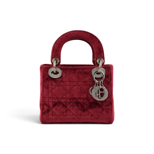 Dior Lady Dior Mini Cannage Velvet Bag Burgundy