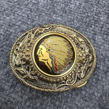 Vintage Brass Tone Belt Buckle Indian Chief Head USA No. 851 3x2.5in Western