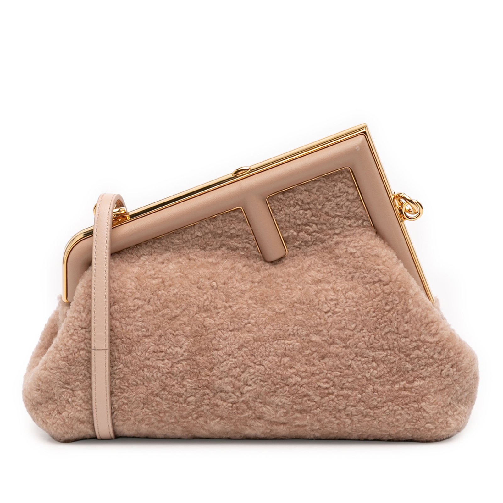Fendi Small Shearling First Crossbody Pre-Loved Bag Nude