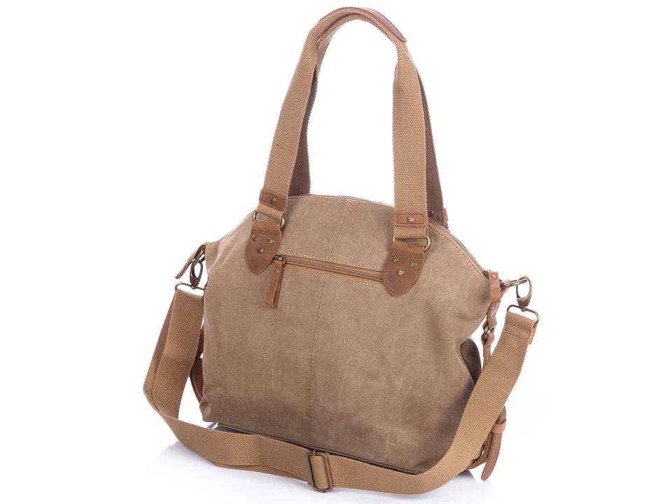 Canvas Leder Tasche Damen groß Umhängetasche Schultertasche Shopper Braun Beige - Bild 4 von 4