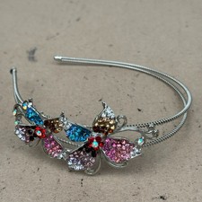 Multicolor Rhinestone Butterfly Headband Silver Tone Double Wire Crystal Hair