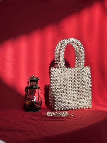 Borsa perla, borsa da donna fatta a mano con perline acriliche pochette perla portatile piccola - Foto 12 di 13