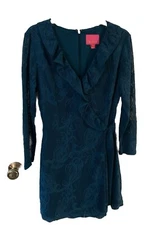 Lilly Pulitzer Tiki Ruffle Wrap Dress Size Large Inky Tidal Lace Overlay