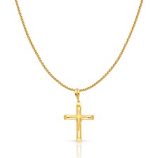 14K Yellow Gold Cross Charm Pendant with 0.9mm Wheat Chain Necklace