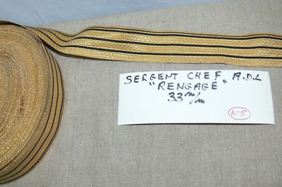 1950/60: 1m GALONS SERGENT CHEF ADL Rengagé 33mm RANK RE-ENGAGED SERGEANT 