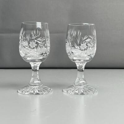 (2) Pamono 25ml Glasses by Huta Julia Poland Grinder Cut Liquor Cordial Glasses
