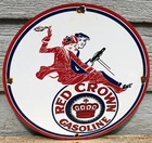 VINTAGE 1934 DATED RED CROWN COUPLE GASOLINE PORCELAIN GAS PUMP ADVERTISING SIGN