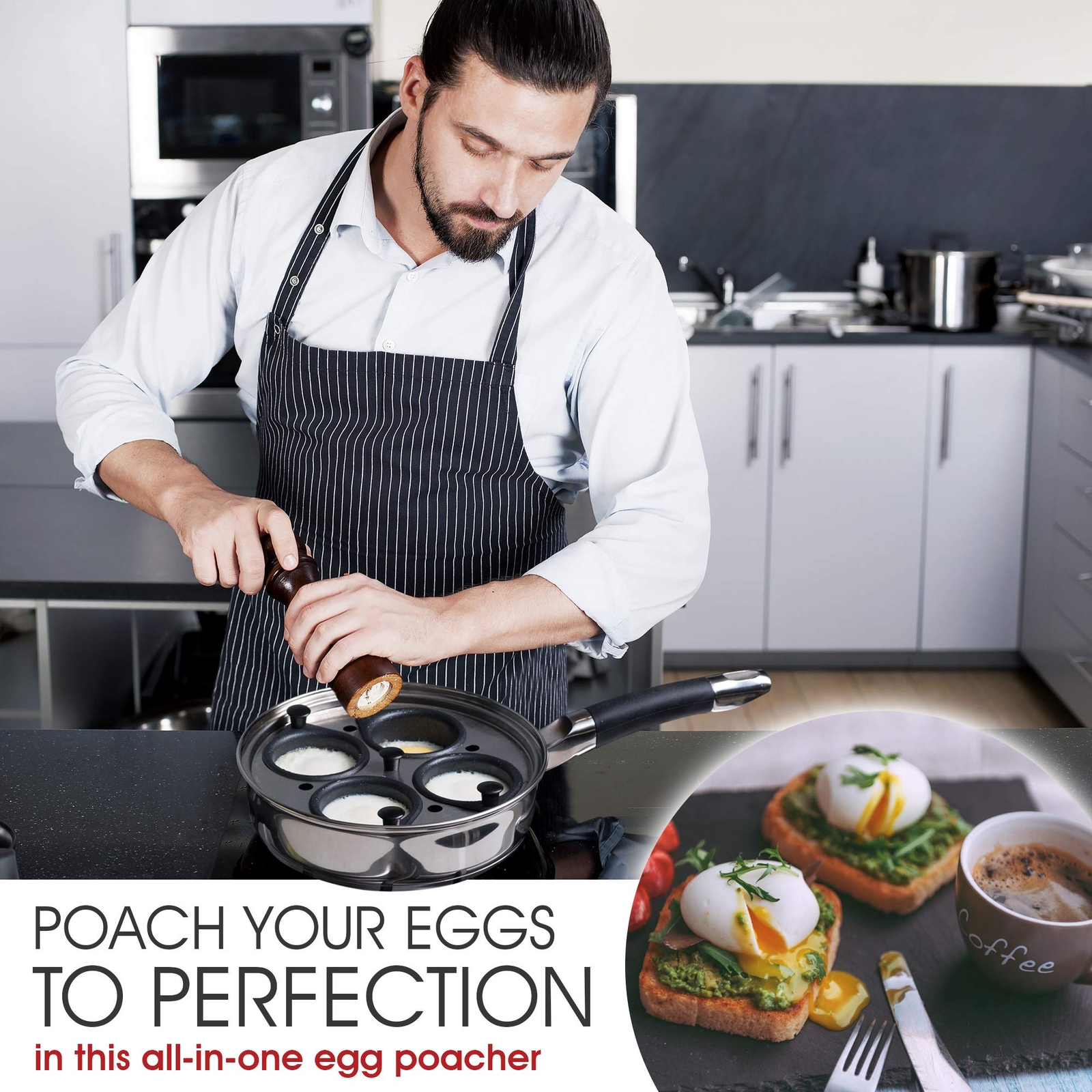 Modern Innovations Egg Poacher Pan for Perfect Poached 4 Cups, Silver