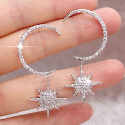 ◇wing bling◇ 925 Silver Noah Daisy One Touch Ring Earrings Sparkly 925 Silver & Shiny CZ Dangling Moon and Star