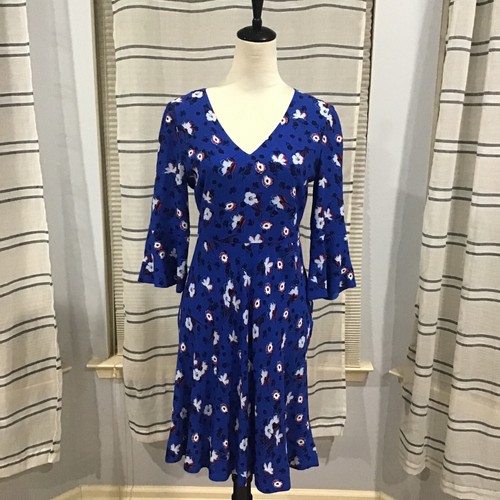 Draper James Women Size 4 Floral Blue A-Line Midi Dress Bell Sleeve Work Brunch