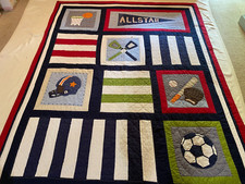 POTTERY BARN KIDS sports twin patchwork quilt--baseball-football-soccer, etc.