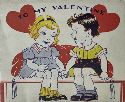 Vintage Valentine Card Boy Girl Sit Holding Hands let lamp lights out naughty