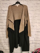 Sundance Cardigan Lambswool Long Sweater Black Tan Fall Size Large Fringe EUC