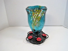 LUJII Bloom Hand Blown Teal Glass Hummingbird Feeder 25oz NWOB