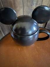 Pottery Barn Disney Mickey Mouse Stoneware Mug Cup W/Mickey Ears Lid Black