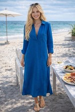 J.Crew Blue Linen Maxi Shirtdress Long Sleeve Side Slit V-Neck Size S NWT
