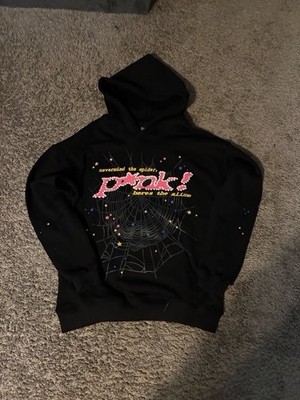 PINK Black Graphic Pullover Hoodie Stars & Spider Web Design Long Sleeve