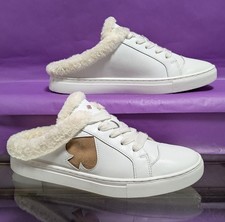 Kate Spade Fez Mule Faux Fur Wht Large Logo Leather Slip On Shoes Women's 9.5B