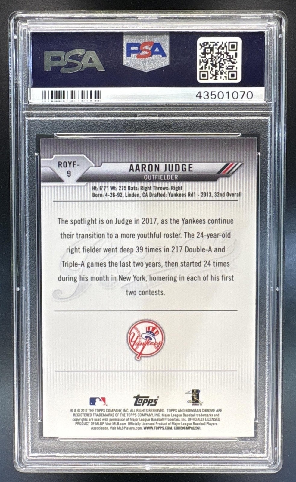 2017 Bowman Aaron Judge #ROYF-9 Rookie of the Year Favorites Chrome RC PSA 10 view 2