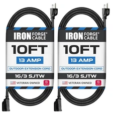 2 Pack of 10 Ft Outdoor Extension Cords - 16/3 Durable Black Extension Cord Pack