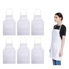 Total 6PCS White Apron for Women Adult Unisex Plain Color Bib aprons with 2 F...