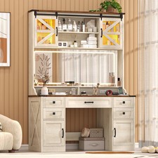 75.2" Farmhouse Vanity Desk with Mirror and Lights Makeup Vanity Table