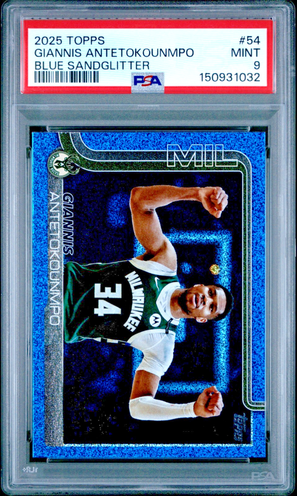 2025 Topps Giannis Antetokounmpo Blue Sandglitter SP PSA 9 Pop 1 Bucks view 6