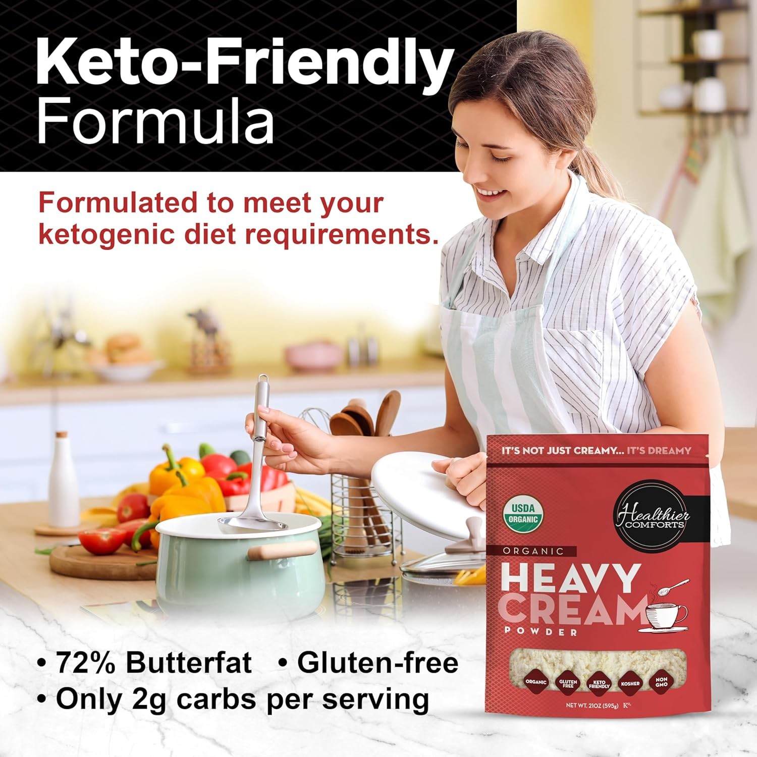 Healthier Comforts Organic Heavy Cream Powder (72% Butterfat) | 7 ounce 