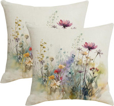 Spring Summer Floral Throw Pillow Covers 20X20 Set of 2 Colorful Wildflower Outd